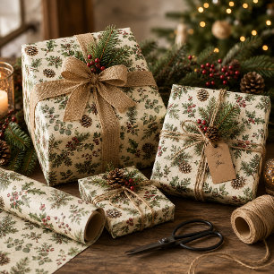 Rustic Pinecones Evergreens Holly Masculine Wrapping Paper