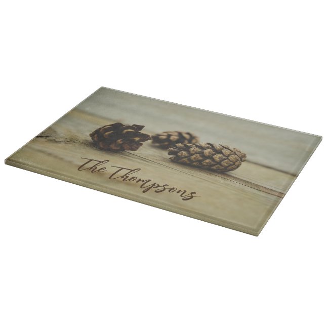 Rustic Pinecones Nature Photo And Custom Name Cutting Board (Corner)