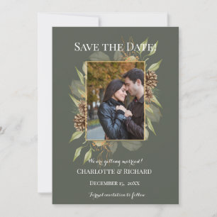 Rustic Pinecones on Green Engagement Photo Save The Date