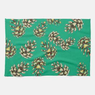 Rustic Pinecones Pattern on Forest Green Kitchen Tea Towel