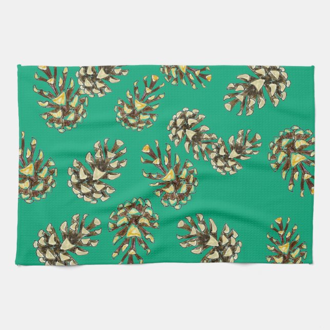 Rustic Pinecones Pattern on Forest Green Kitchen Tea Towel (Horizontal)