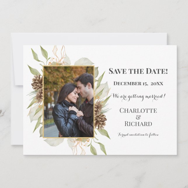 Rustic Pinecones Photo Horizontal Save The Date (Front)