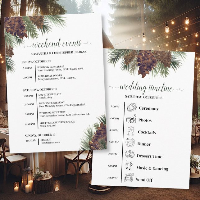Rustic Pinecones Wedding Events & Timeline Program (Front/Back)