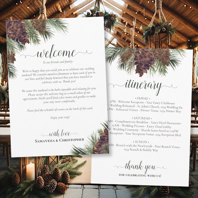 Rustic Pinecones Wedding Welcome & Itinerary Program (Front/Back)