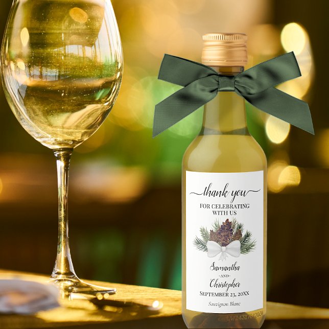 Rustic Pinecones Winter Wedding Thank You Mini Wine Label (Creator Uploaded)