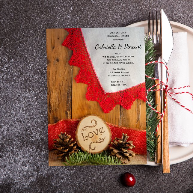 Rustic Pines and Red Lace Winter Rehearsal Dinner Invitation (Set a natural tone  with the Rustic Pines and Red Lace Winter Wedding Rehearsal Dinner Invitation.)