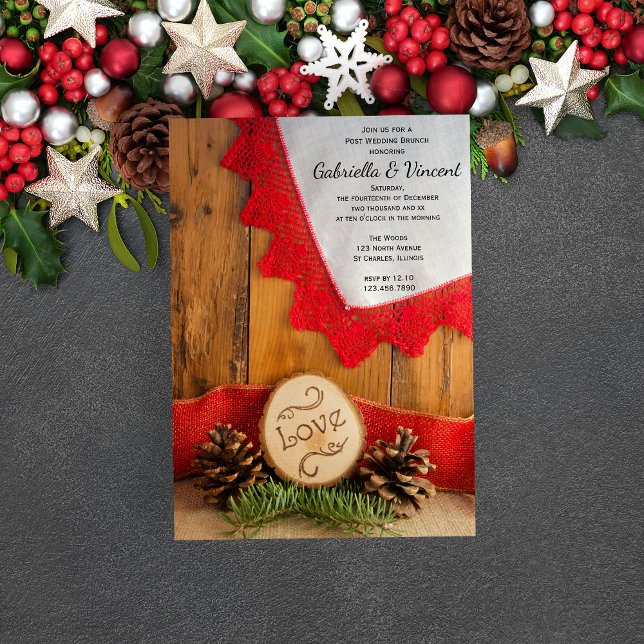 Rustic Pines Red Lace Winter Post Wedding Brunch Invitation (Set a festive tone with the Rustic Pines and Red Lace Winter Woodland Post Wedding Brunch Invitation)