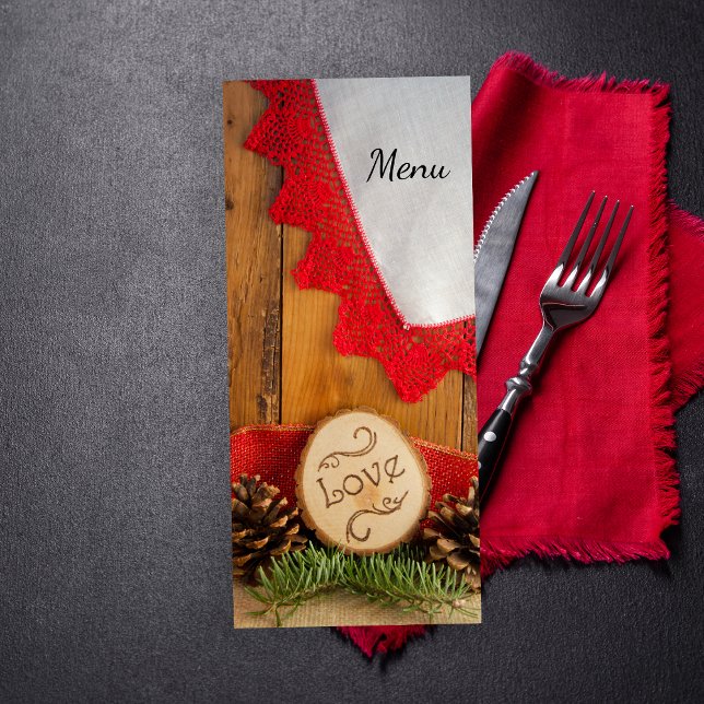 Rustic Pines Red Lace Woods Winter Wedding Menu (Set a festive table with the Rustic Pines and Red Lace Winter Woodland Wedding Menu.)
