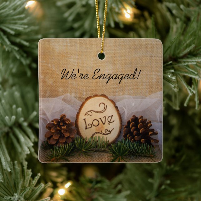 Rustic Pines Woodland Engagement Ceramic Ornament (Tree)