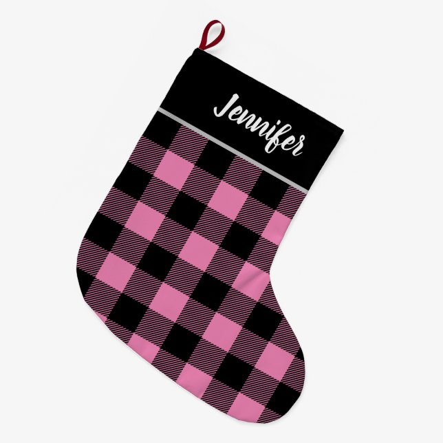 Rustic Pink and Black Buffalo Check Monogram Large Christmas Stocking (Front (Hanging))