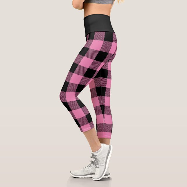 Rustic Pink and Black Buffalo Plaid Pattern Capri Leggings (Left)
