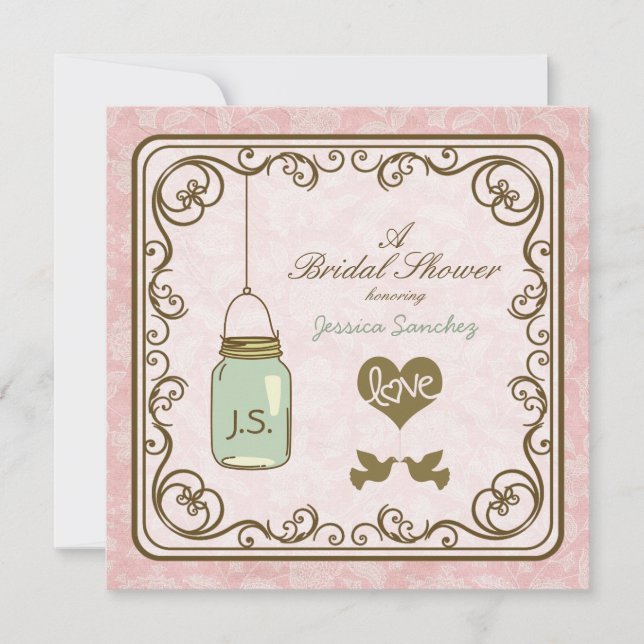 Rustic Pink and Brown Mason Jar Bridal Shower Invitation (Front)