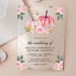 Rustic Pink and Gold Pumpkin Floral Wedding Acrylic Invitations