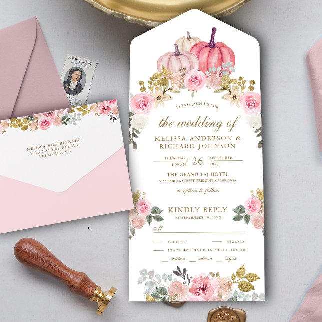 Rustic Pink and Gold Pumpkin Floral Wedding All In One Invitation (Creator Uploaded)