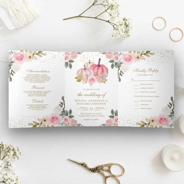 Rustic Pink and Gold Pumpkin Floral Wedding Tri-Fold Invitation (Creator Uploaded)