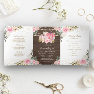 Rustic Pink and Gold Pumpkin Floral Wood Wedding Tri-Fold Invitation