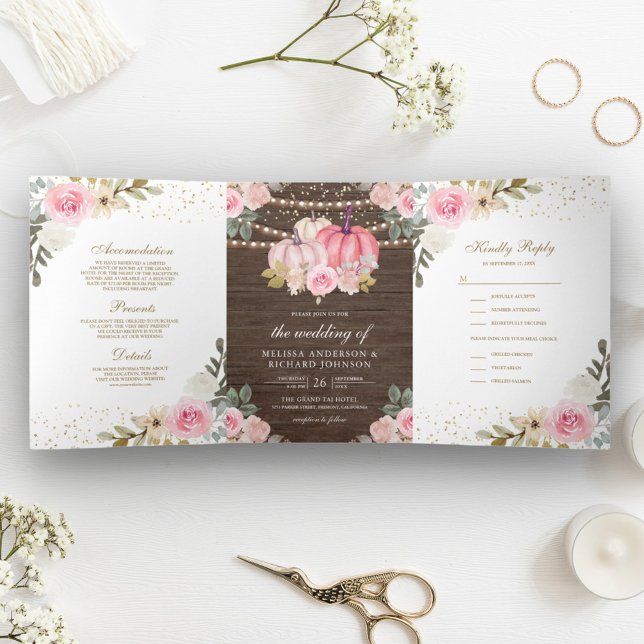 Rustic Pink and Gold Pumpkin Floral Wood Wedding Tri-Fold Invitation (Creator Uploaded)