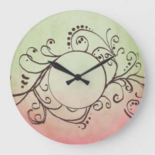 Rustic Pink and Green Bohemian Flourish Large Clock