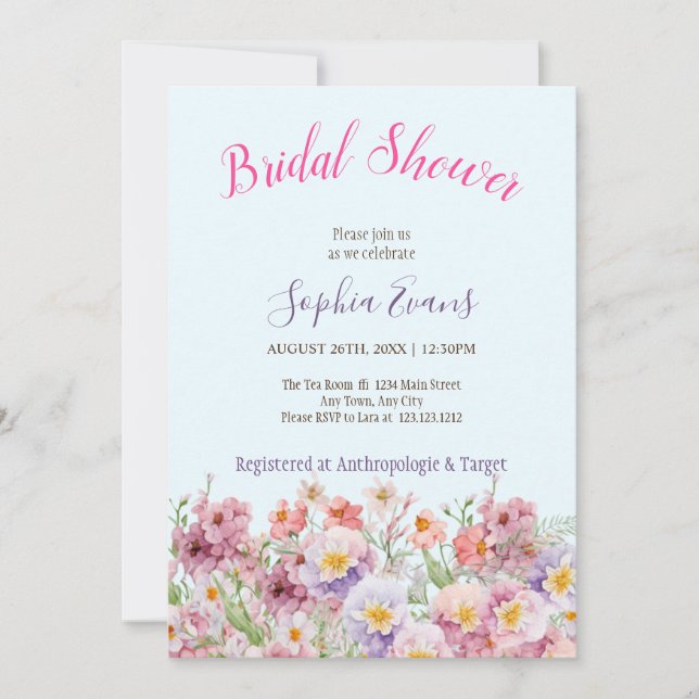 Rustic Pink and Purple Wildflower Bridal Shower In Invitation (Front)