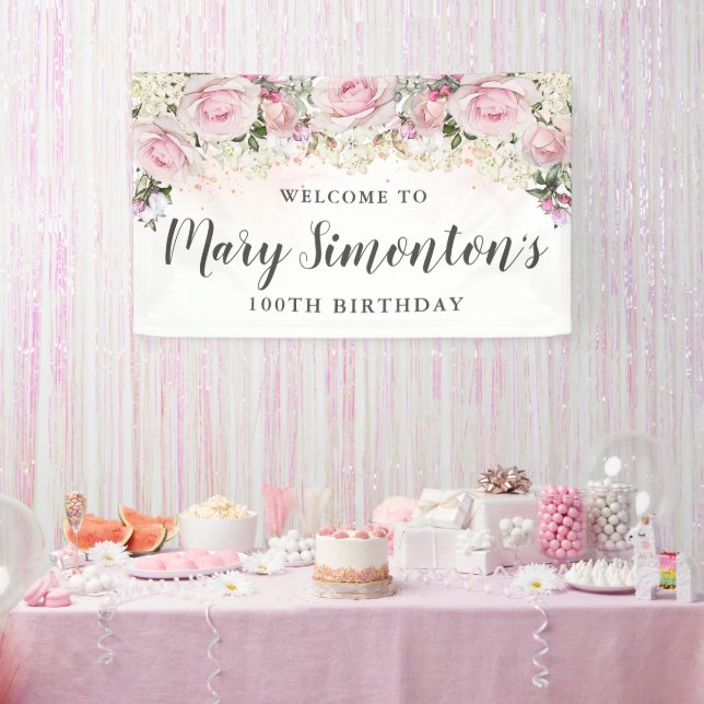 Rustic Pink and White Floral 100th Birthday Banner (Party)