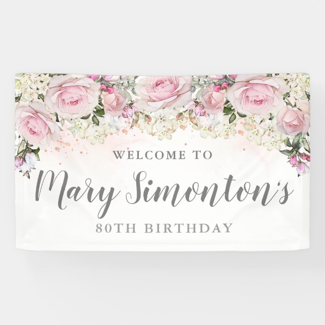 Rustic Pink and White Floral 80th Birthday Banner (Horizontal)