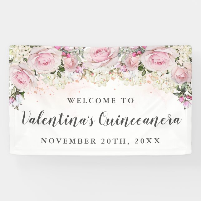 Rustic Pink and White Floral Quinceanera Banner (Horizontal)