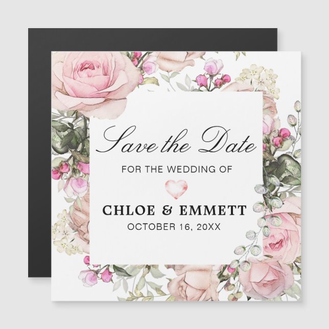 Rustic Pink and White Floral Save the Date Magnetic Invitation (Front/Back)