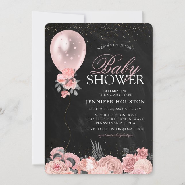 Rustic Pink Balloon & Pink Floral Baby Shower Invitation (Front)