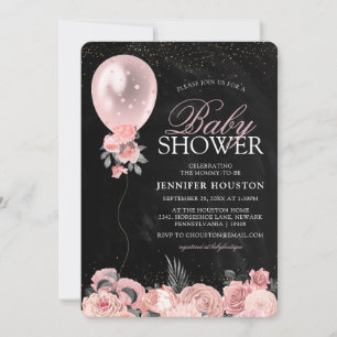 Rustic Pink Balloon & Pink Floral Baby Shower Invitation