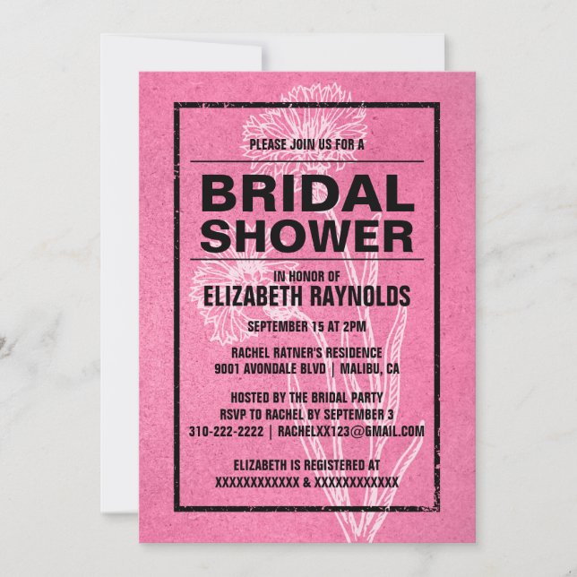 Rustic Pink & Black Bridal Shower Invitations (Front)