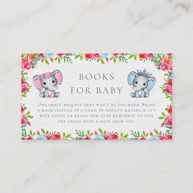 Rustic pink & Blue elephant Roses Books for Baby  Enclosure Card (Front)