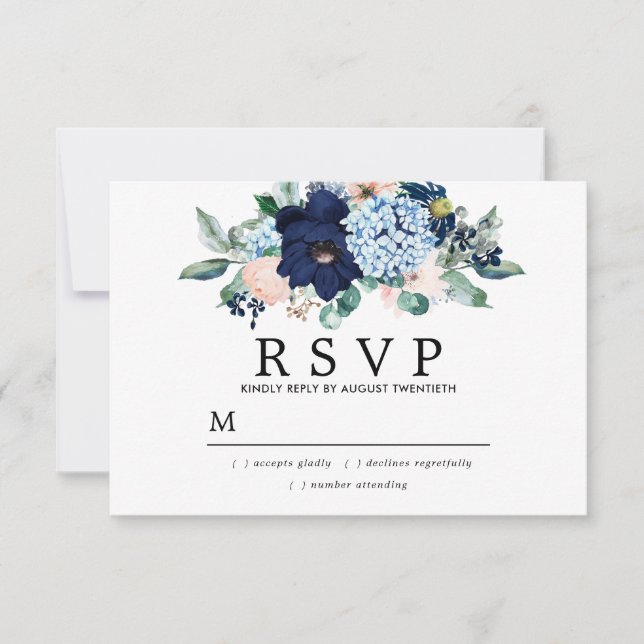 Rustic Pink Blue Floral Wedding RSVP Card (Front)