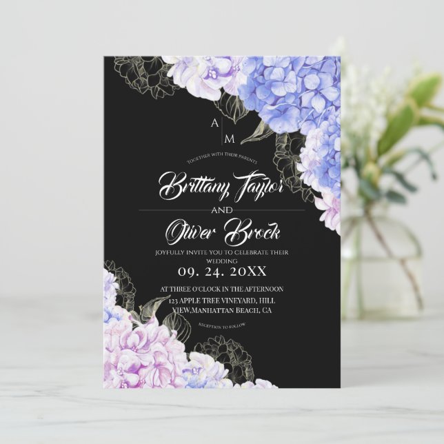 Rustic Pink & Blue Hydrangea Dark Wedding  Invitation (Standing Front)