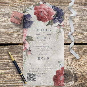Rustic Pink & Blue Peonies Sage Green QR Code All In One Invitation