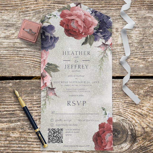 Rustic Pink & Blue Peonies Sage Green QR Code All In One Invitation (Also available without a QR code; with or without dinner selection options.)