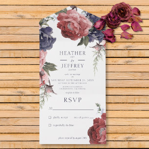 Rustic Pink & Blue Peonies White No Dinner All In One Invitation