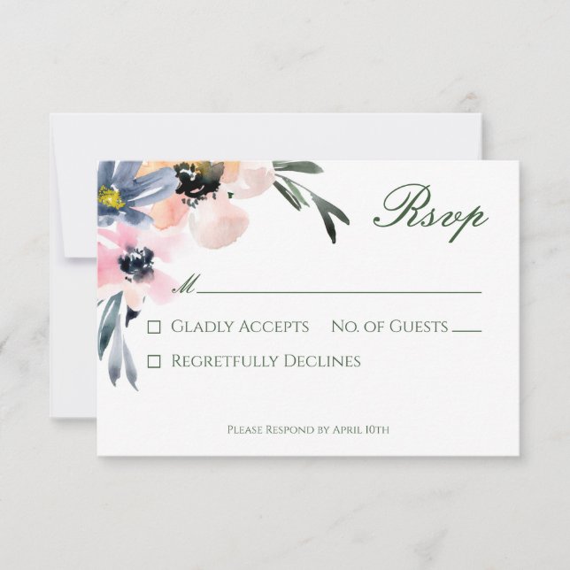 Rustic Pink & Blue Watercolor Floral Bouquet RSVP Card (Front)