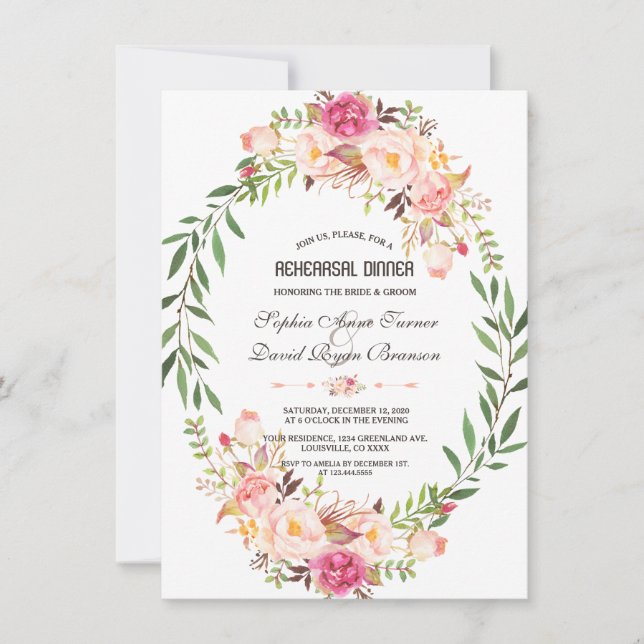 Rustic Pink Blush Floral Bloom Rehearsal Dinner Invitation (Front)