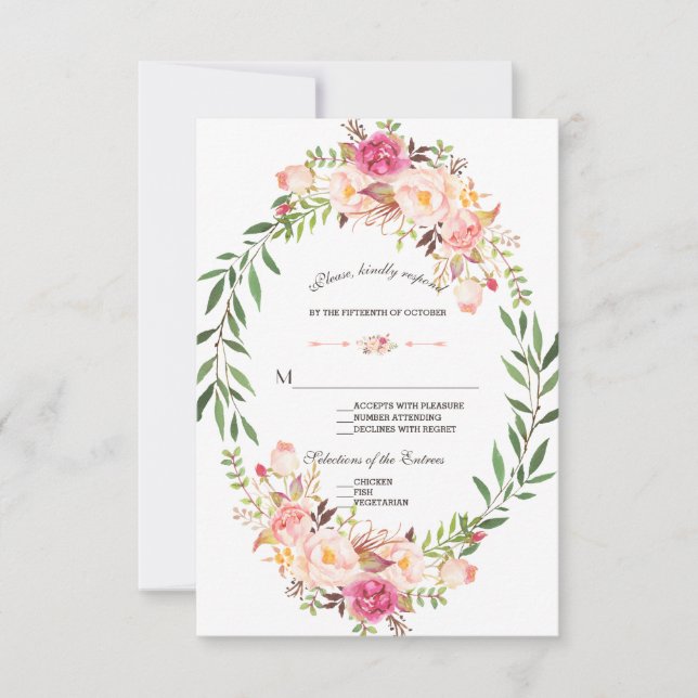 Rustic Pink Blush Floral Bloom Wedding RSVP Card (Front)