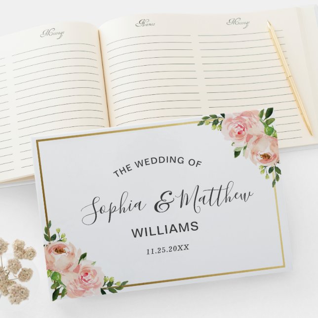 Rustic Pink Blush Floral Roses Greenery Wedding Guest Book (InSitu)