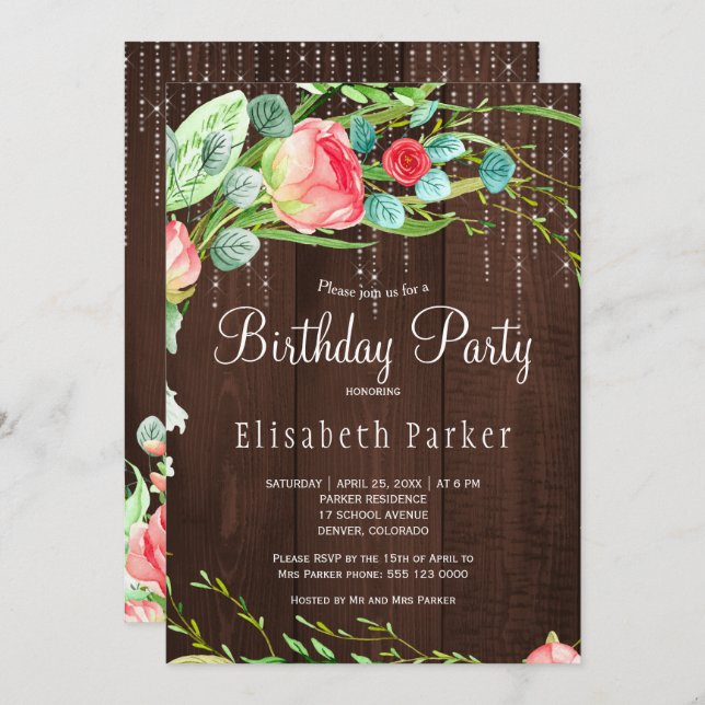 Rustic pink blush garden roses birthday party invitation (Front/Back)
