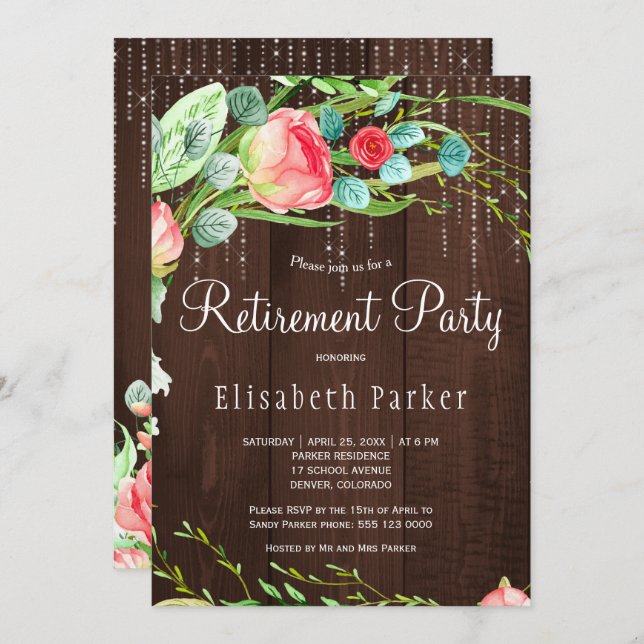 Rustic pink blush garden roses retirement party invitation (Front/Back)