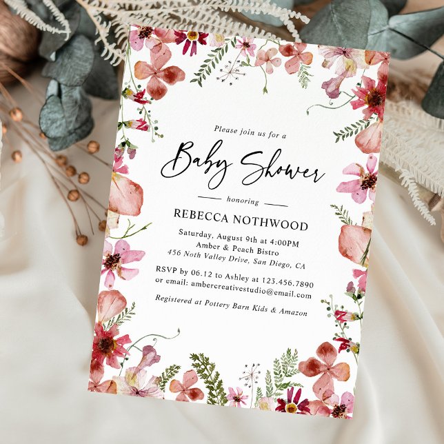 Rustic Pink Boho Pressed Floral Baby Girl Shower Invitation (Creator Uploaded)