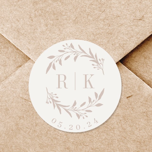 Rustic Pink Botanical Wreath Wedding Monogram Classic Round Sticker (Creator Uploaded)