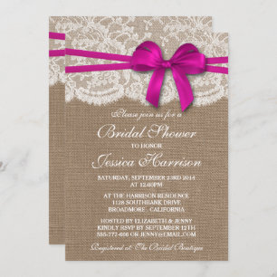 Rustic Pink Bow, Burlap & Lace Bridal Shower Invitation