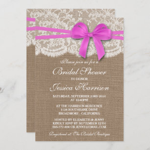 Rustic Pink Bow, Burlap & Lace Bridal Shower Invitation