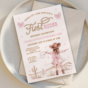 Rustic Pink Bows Girls First Rodeo 1st Birthday  Invitation