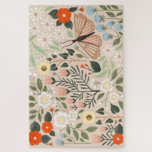 Rustic Pink Brown Boho-Chic Floral Illustration Jigsaw Puzzle