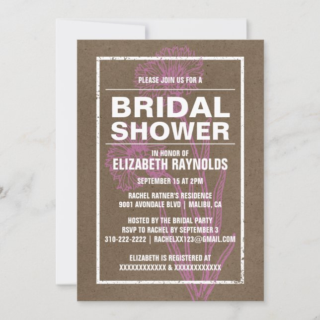 Rustic Pink & Brown Bridal Shower Invitations (Front)