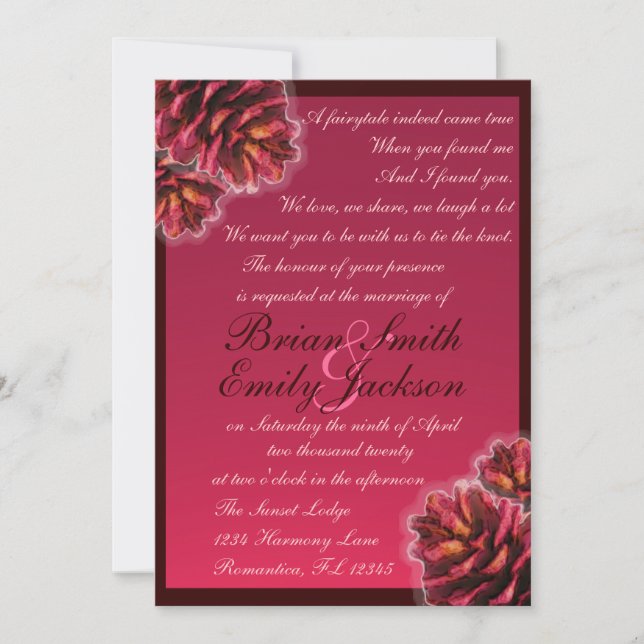 Rustic pink brown pine cone wedding invitations (Front)